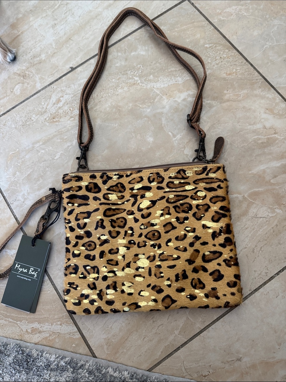 Myra Bag Leopard Print Crossbody in Brown and Gold